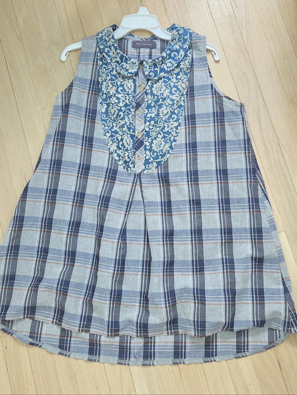 Anny Jacobson Sleeveless Plaid Tunic with Floral Inset, Cotton.